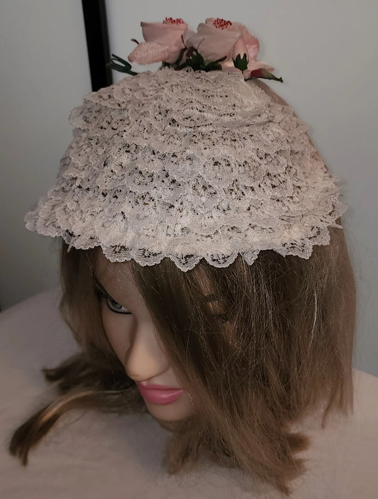 Vintage Lace Hat 1950s Round White Lace Ruffle Bonnet Hat Pink Floral Trim Long Satin Ribbons Mid Century Lolita Bo Peep