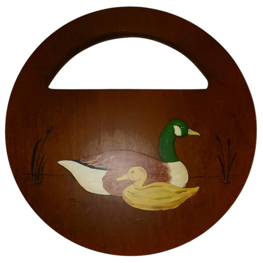 Unique Vintage Purse 1970s 80s Round Wood Leather Purse Painted Ducks de Lanthe Creations Preppy Boho Hippie