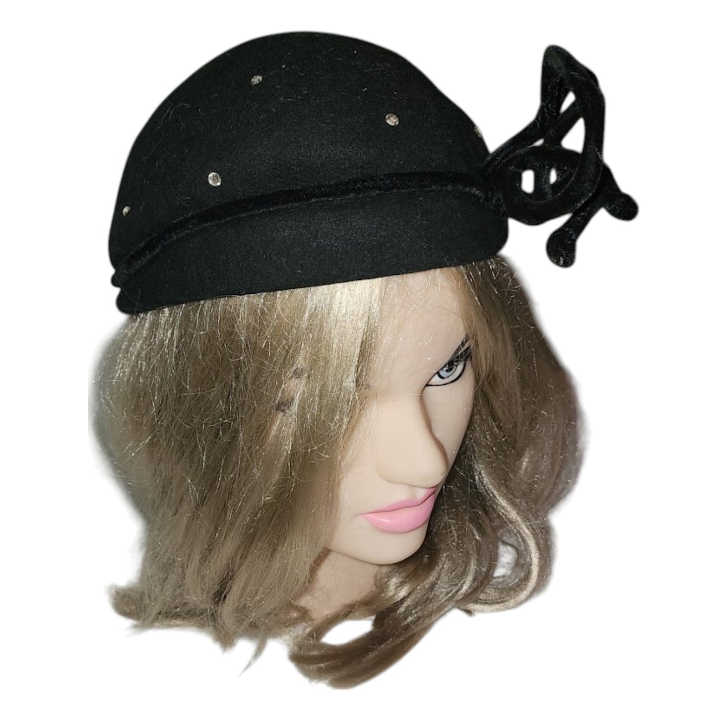 Vintage 1930s Hat Round Black Felt Cocktail Hat Prong Set Rhinestones Black Velvet Ribbon Ornament Art Deco 20.5 in.