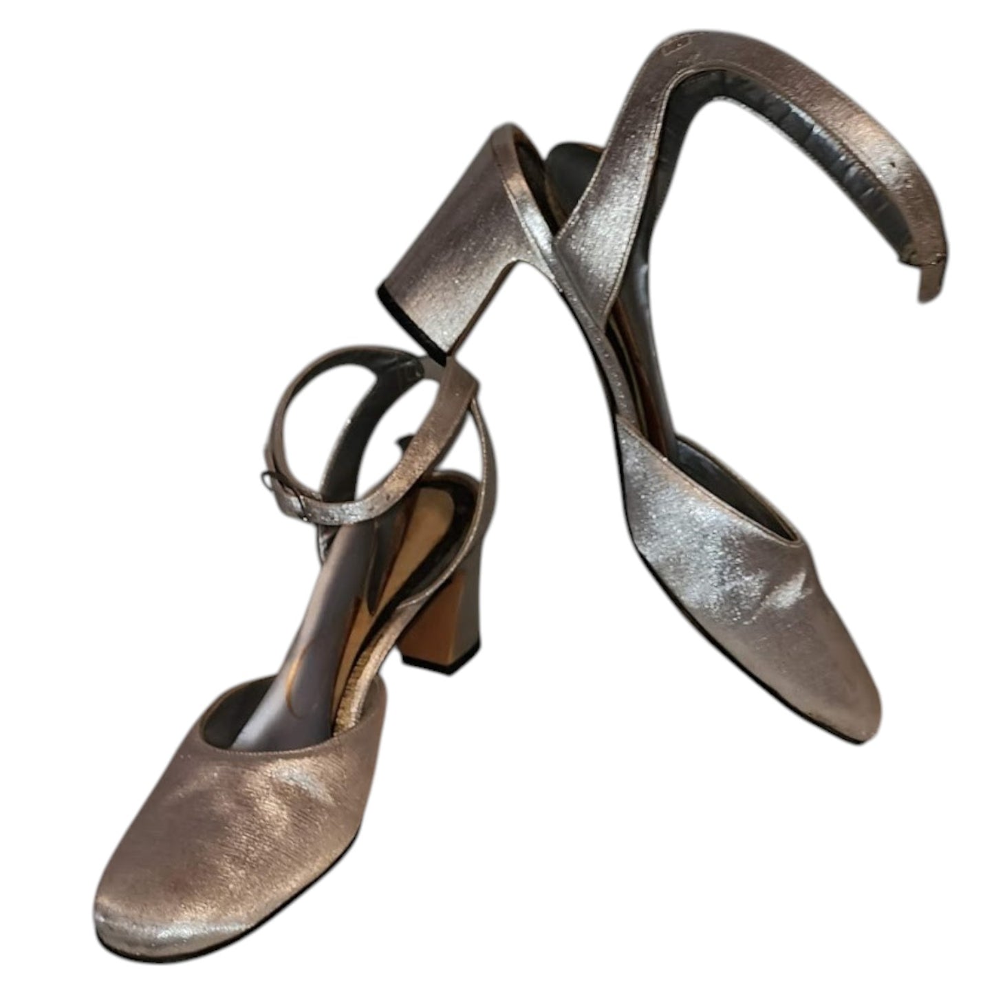 Vintage Silver Shoes 1960s Round Toe Metallic Silver Pumps Ankle Strap Mid Century Mod S M