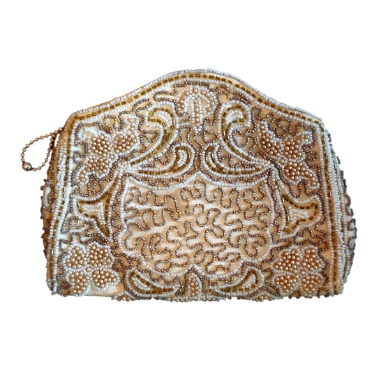 Vintage Beaded Purse 1930s 40s Small Cream Beaded Zipper Purse Glass Seed Beads Tiny Faux Pearls Handmade in Belgium Art Deco AS IS