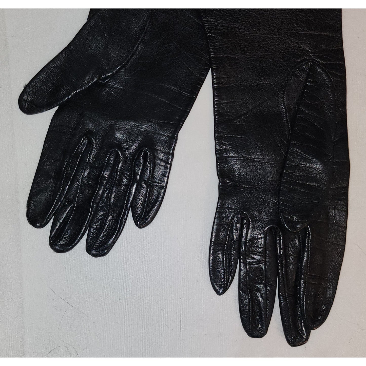 Vintage Leather Gloves 1950s 60s Thin Black Kid Leather Gloves Long Wrist Midlength Gloves Mid Century Fetish 6.5 or so