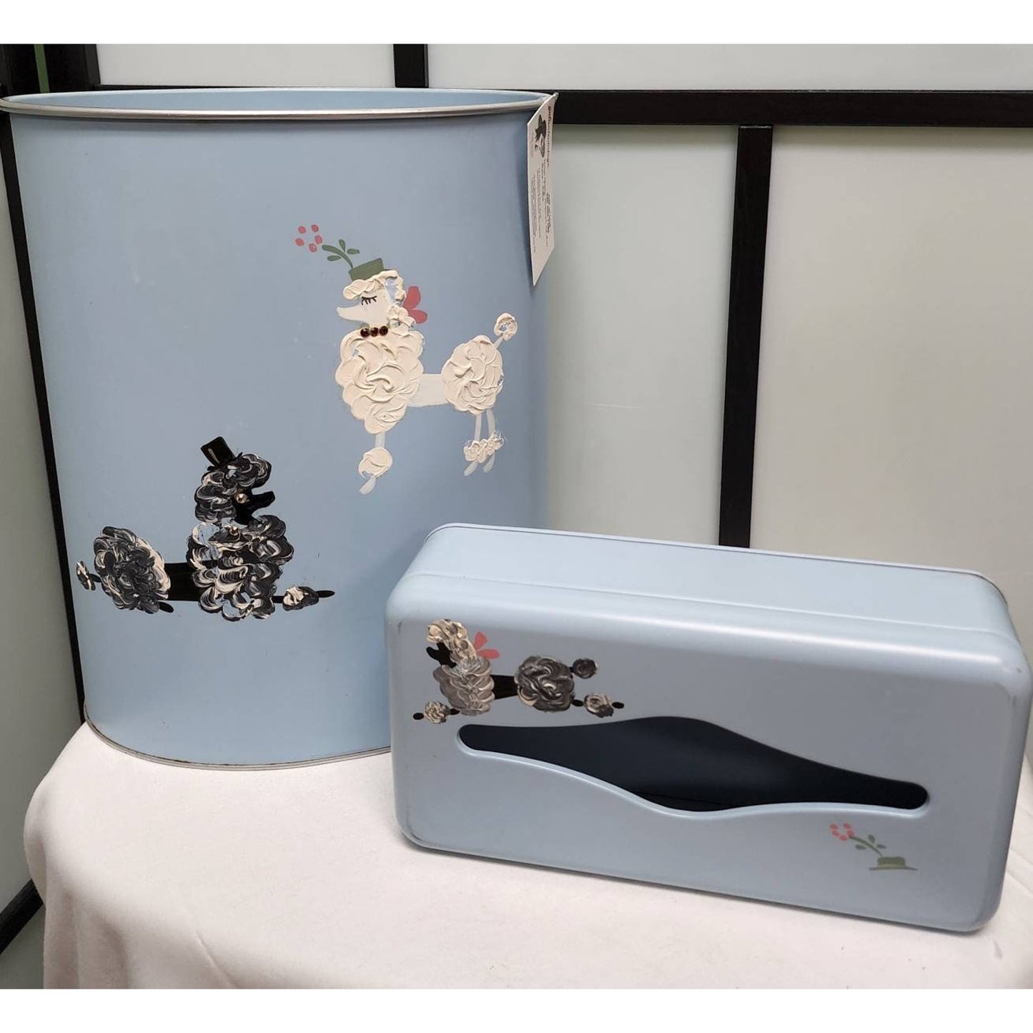 Vintage 1950s Poodle Metal Wastebasket Tissue Box Set Blue Handpainted Poodles Rhinestones Trash Can Tissue Holder Mid Century Rockabilly