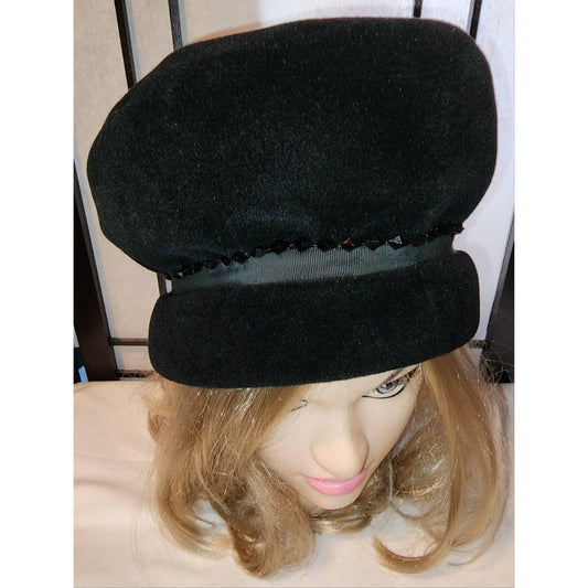 Vintage Velvet Hat 1960s Tall Black Wool Bubble Hat Black Bead Trim Mid Century Mod 21.5 in.