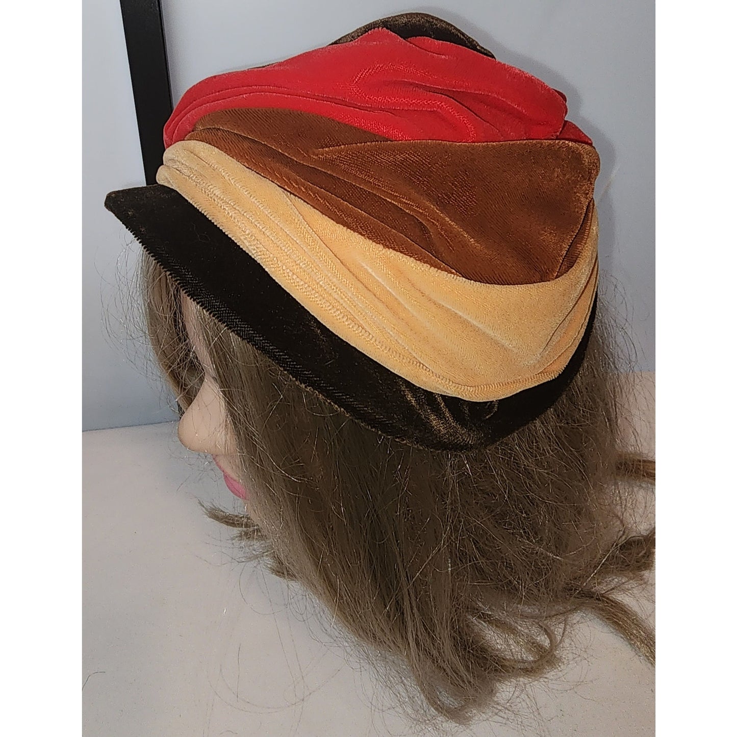 Vintage 1950s Hat Asymmetric Red Beige Brown Velvet Striped Bonnet Style Hat Large Half Hat Bow Mid Century