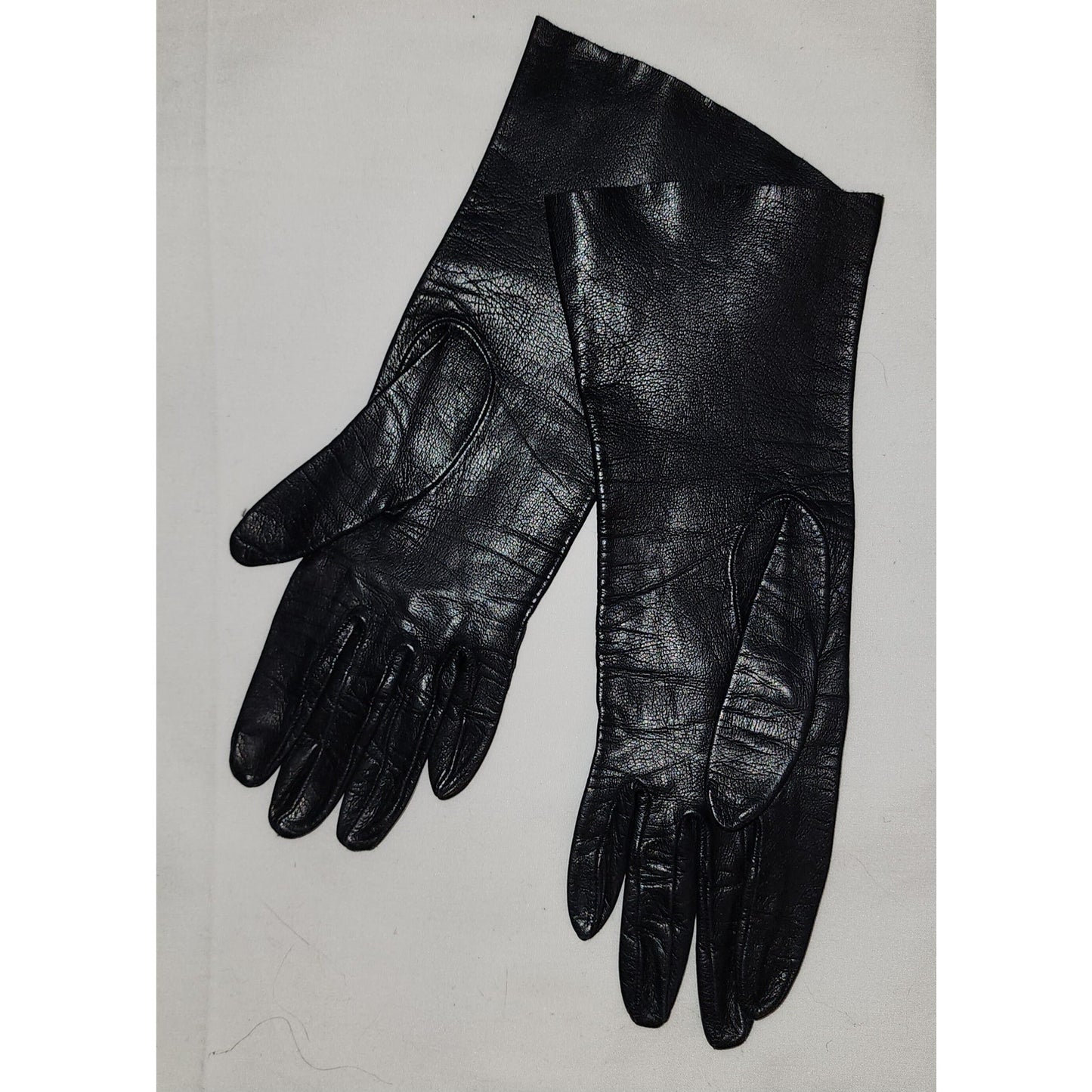 Vintage Leather Gloves 1950s 60s Thin Black Kid Leather Gloves Long Wrist Midlength Gloves Mid Century Fetish 6.5 or so