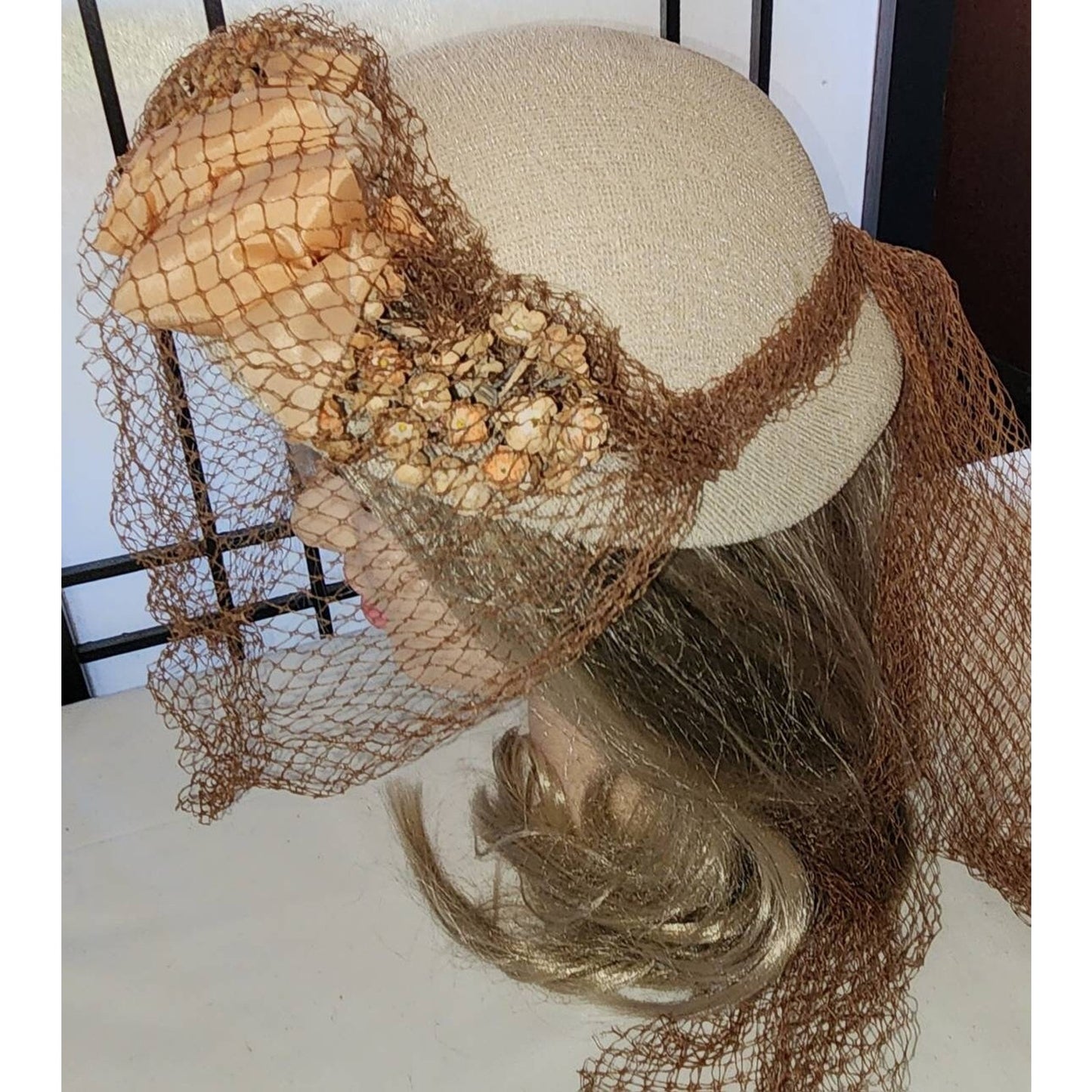 Vintage 1930s 40s Hat Round Cream Straw Hat Orange and Brown Flowers Ribbons Large Brown Veil Art Deco Country 21 in.