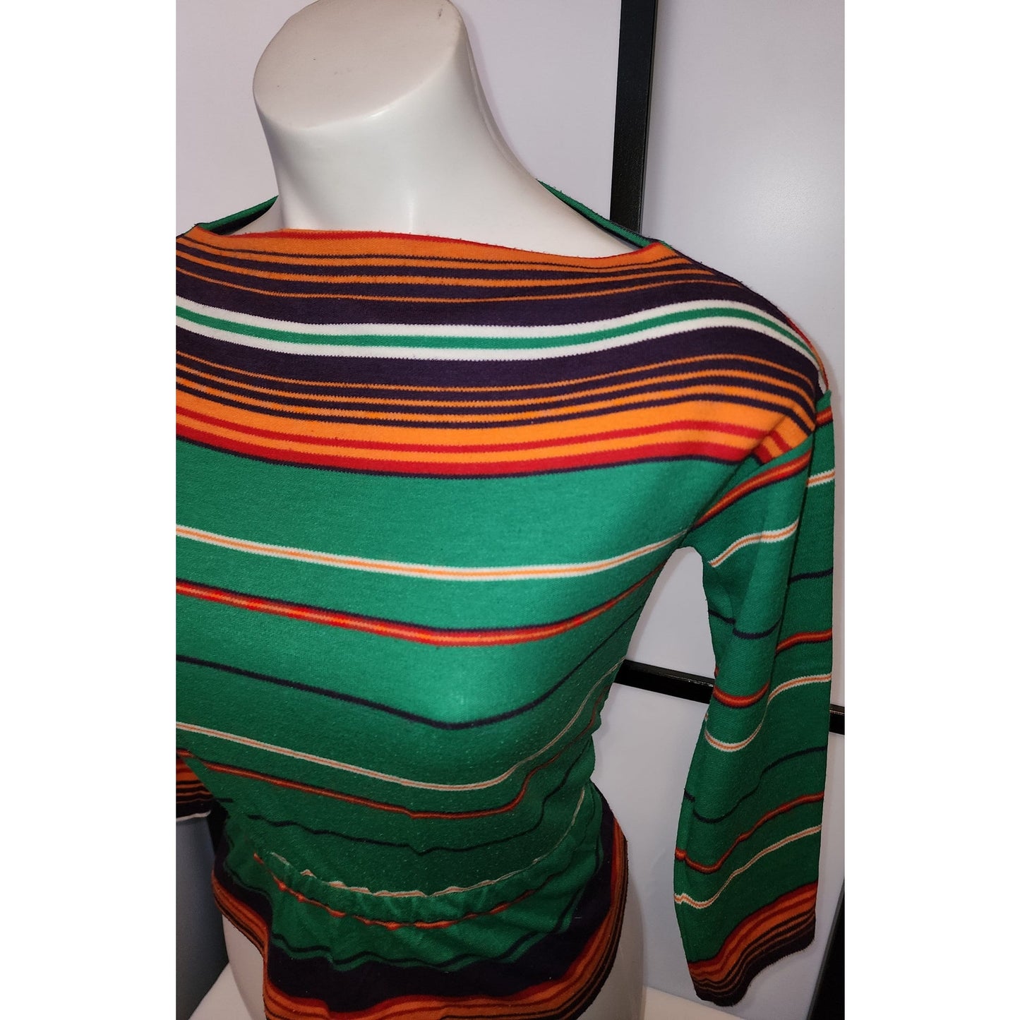 Vintage 1970s Shirt Green Orange Black Striped Boat Neck Pullover Top Boho S