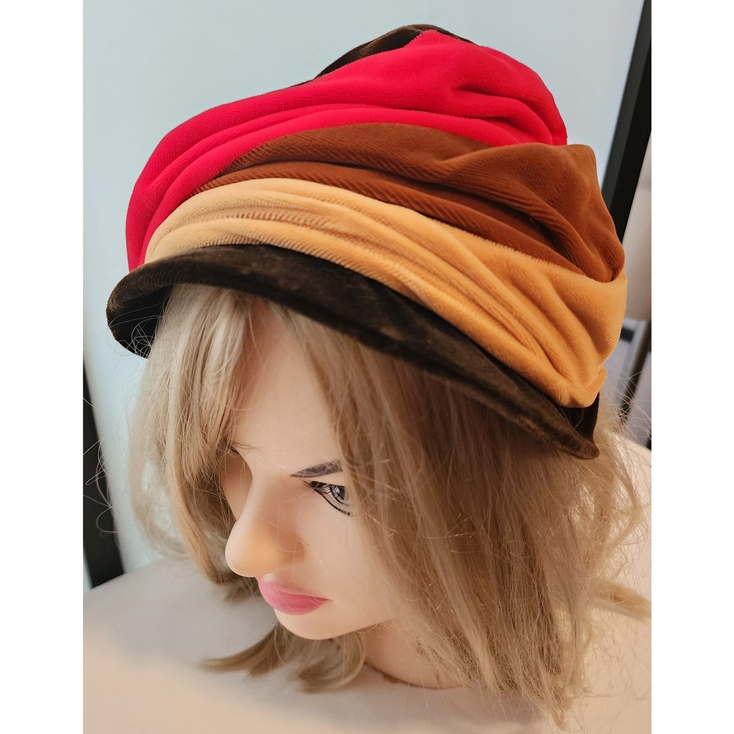 Vintage 1950s Hat Asymmetric Red Beige Brown Velvet Striped Bonnet Style Hat Large Half Hat Bow Mid Century