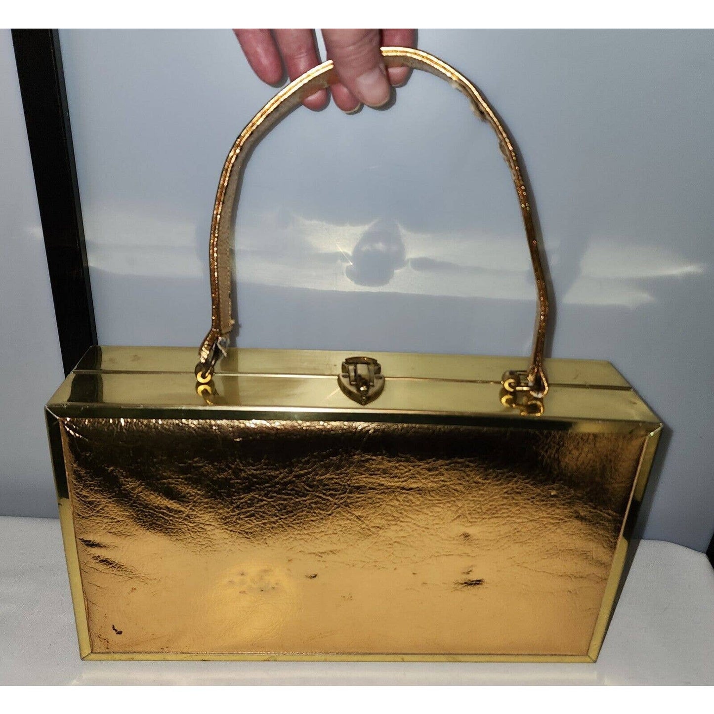 Vintage 50s 60s Large Metallic Gold Foil Box Purse Gold Metal Frame Mid Century
