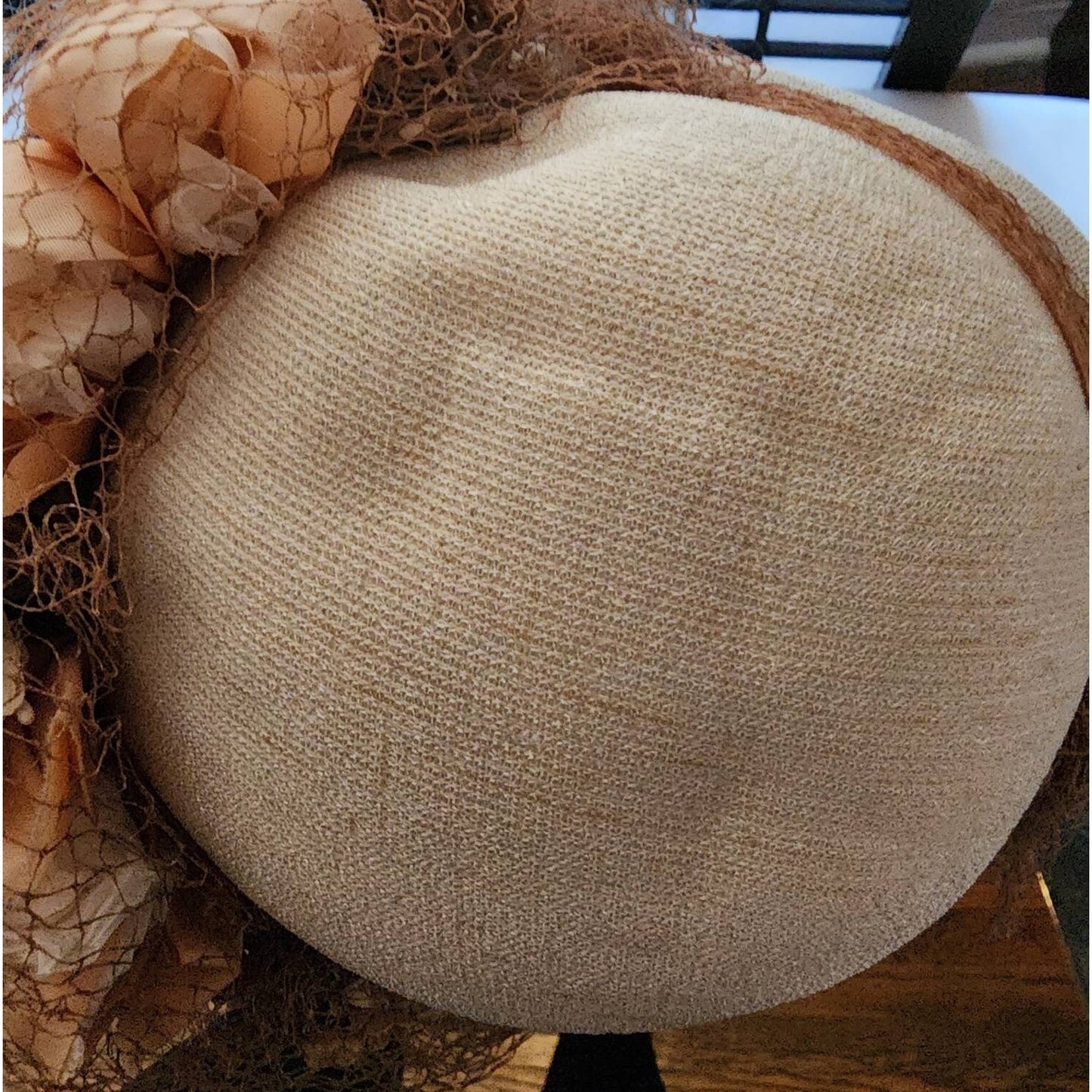 Vintage 1930s 40s Hat Round Cream Straw Hat Orange and Brown Flowers Ribbons Large Brown Veil Art Deco Country 21 in.