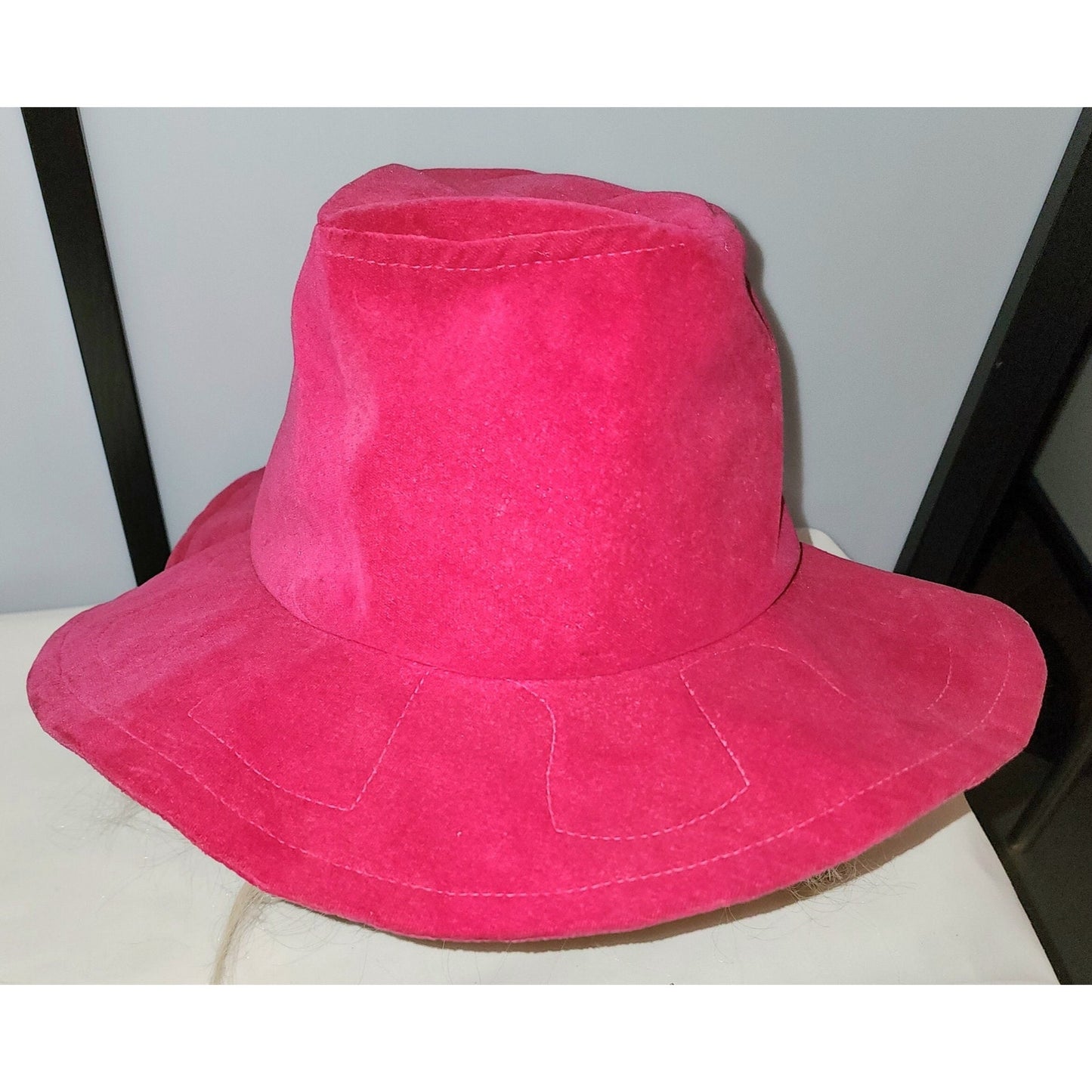 Vintage floppy hat 1960s large bright pink velvet floppy hat embroidered design hippie boho glam 22 in.