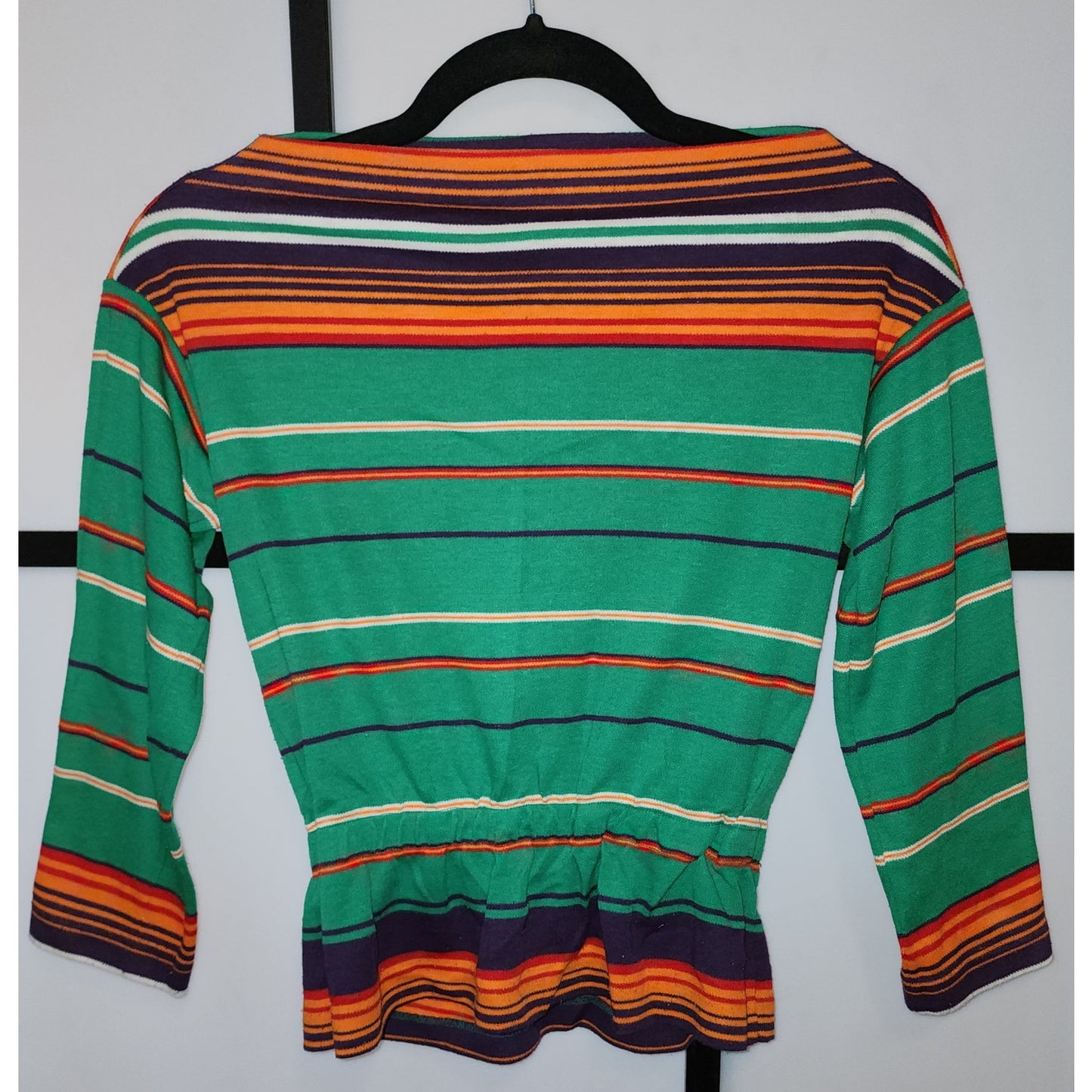 Vintage 1970s Shirt Green Orange Black Striped Boat Neck Pullover Top Boho S