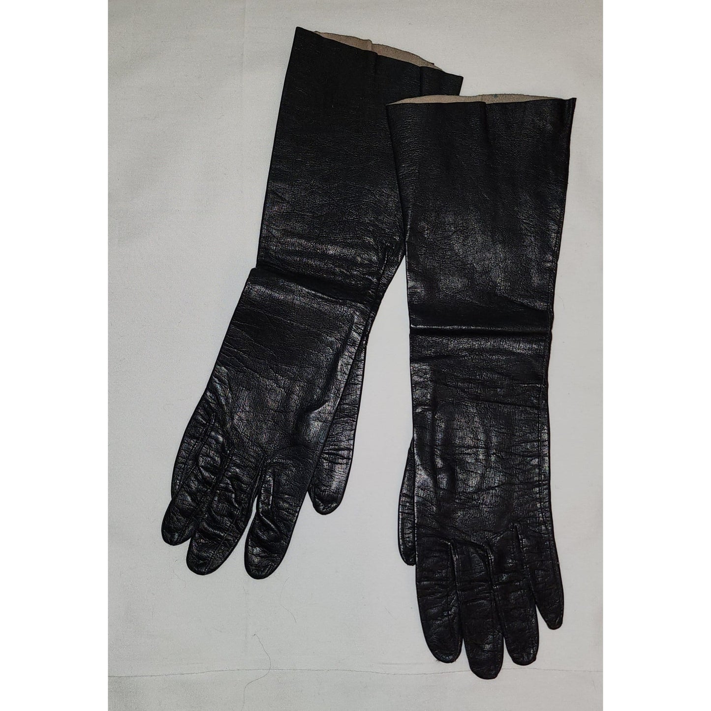 Vintage Leather Gloves 1950s Long Black Kid Leather Gloves Midlength French Elbow Gloves Gant Chanut France Mid Century Fetish 7.5