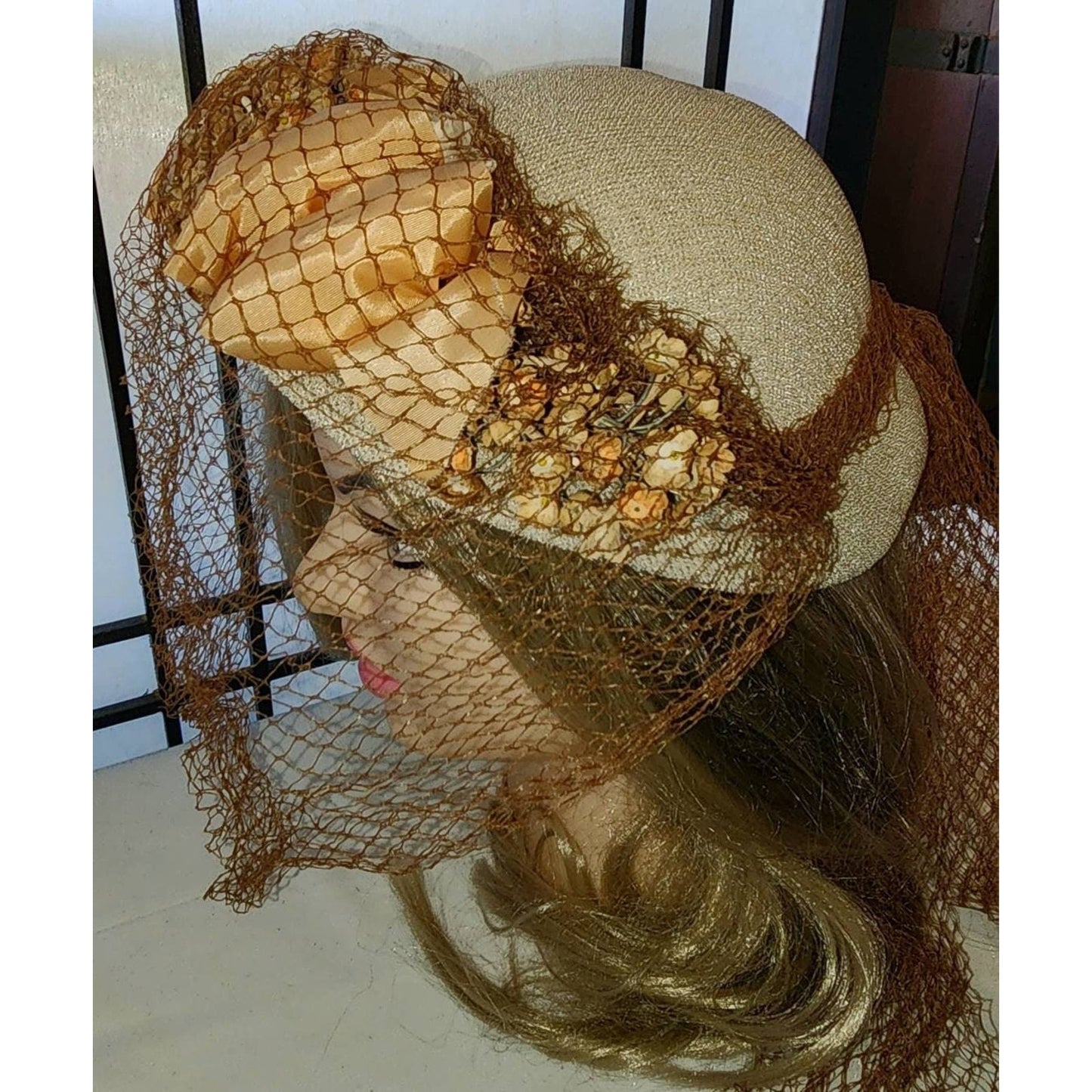 Vintage 1930s 40s Hat Round Cream Straw Hat Orange and Brown Flowers Ribbons Large Brown Veil Art Deco Country 21 in.