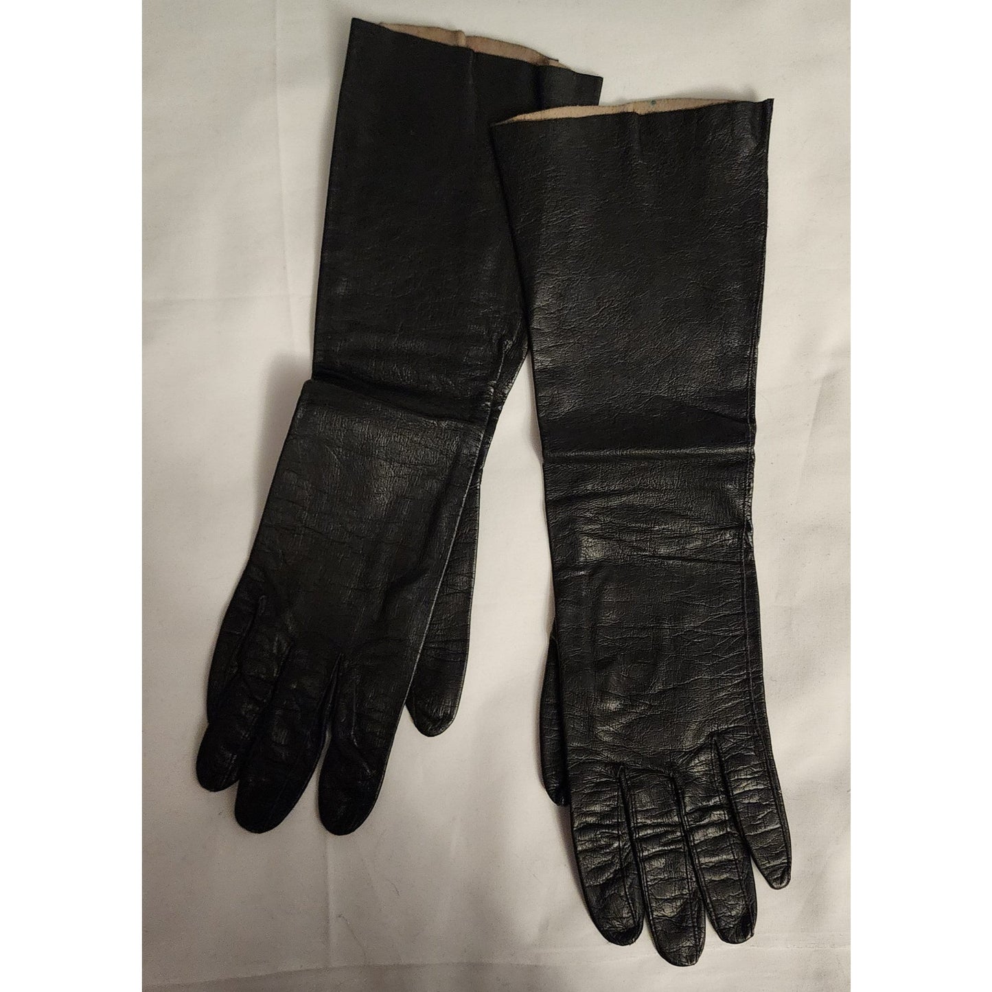 Vintage Leather Gloves 1950s Long Black Kid Leather Gloves Midlength French Elbow Gloves Gant Chanut France Mid Century Fetish 7.5