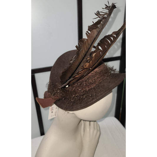 Vintage 1930s Hat Round Brown Felt Hat Large Feathers Merrimac Hat Corp. Art Deco 22 in. torn veil