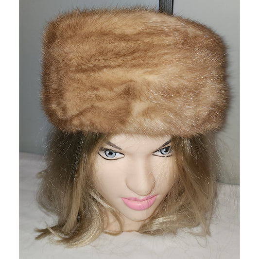 Vintage Fur Hat 1950s 60s Round Blonde Light Brown Mink Fur Pillbox Hat Dachettes by Lily Dache Mid Century Designer 21 21.5 in.