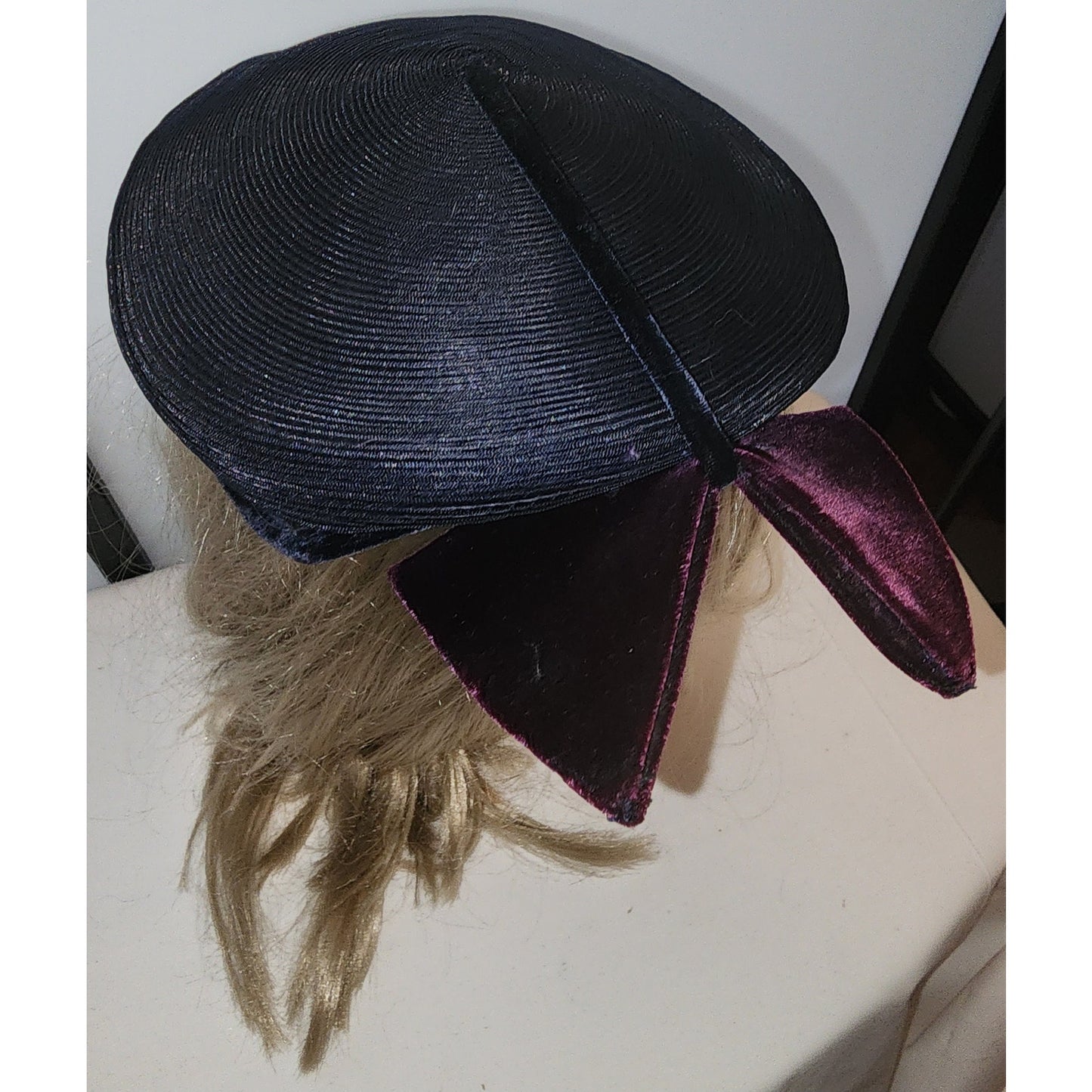 Vintage Cocktail Hat Ultra Chic 1940s Small Round Sculptural Cocktail Hat Large Purple Velvet Bow