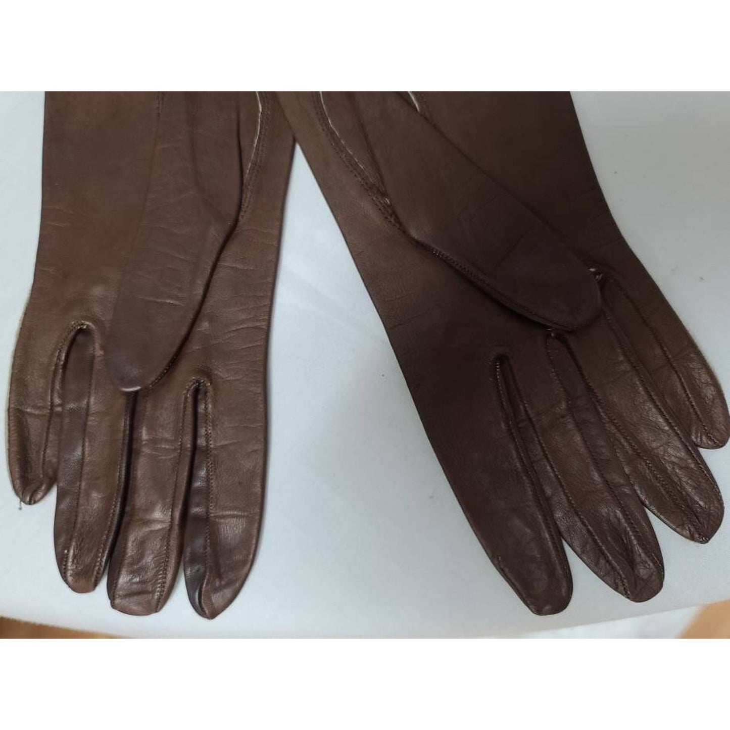 Vintage Leather Gloves 1950s 60s Midlength Thin Brown Leather Gloves Rockabilly Pinup 6.5