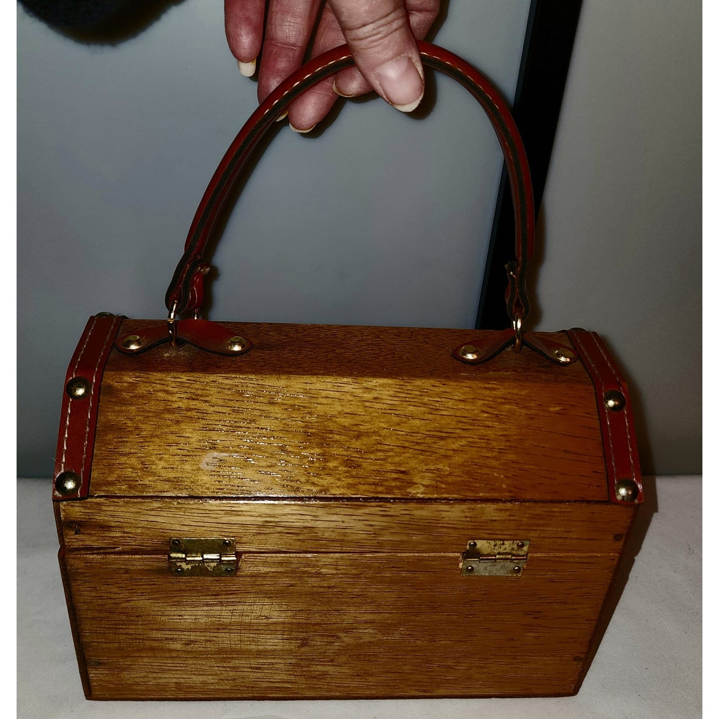 Vintage Box Purse 1960s Brown Wood Box Purse Gold Metal Studs Simon Hong Kong