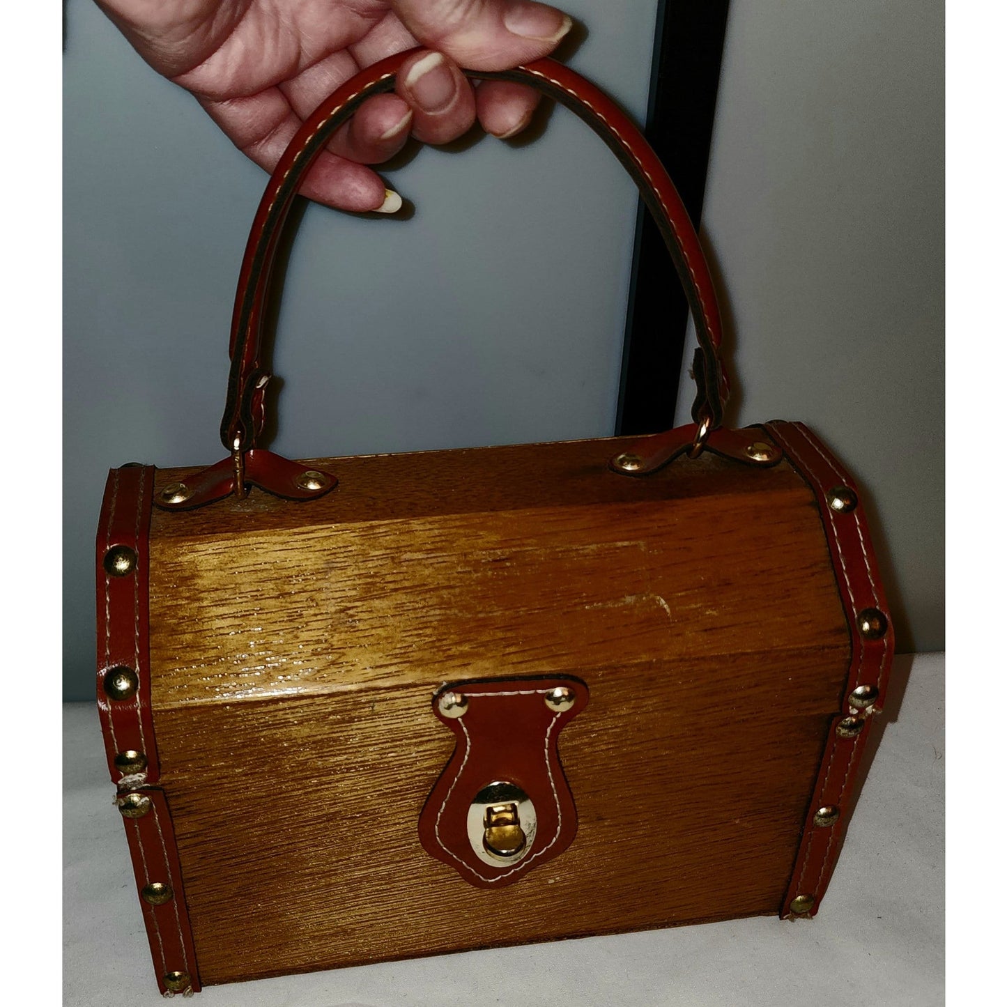 Vintage Box Purse 1960s Brown Wood Box Purse Gold Metal Studs Simon Hong Kong