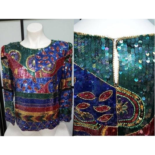 Vintage Sequin Top 1980s Bright Multicolor Sequin Top Abstract Designs Joseph Le Bon Party Boho M L