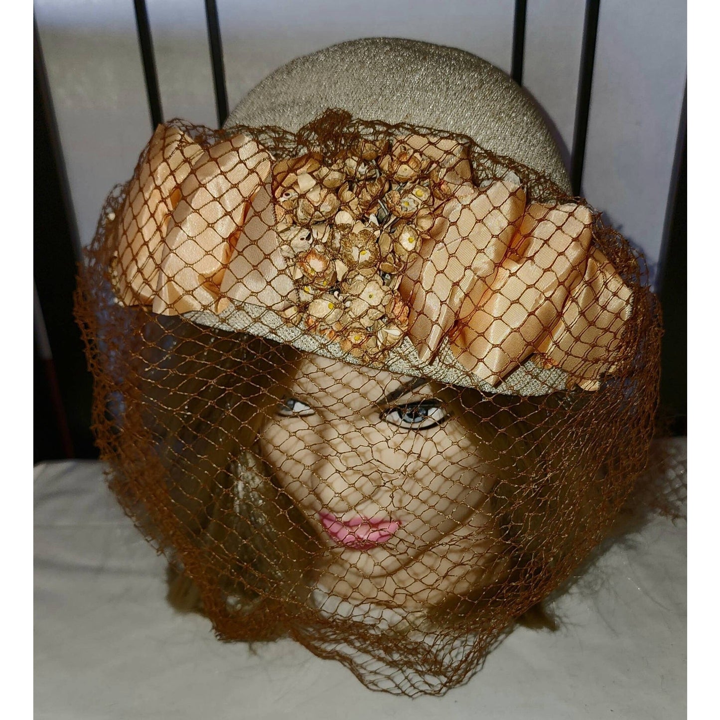 Vintage 1930s 40s Hat Round Cream Straw Hat Orange and Brown Flowers Ribbons Large Brown Veil Art Deco Country 21 in.