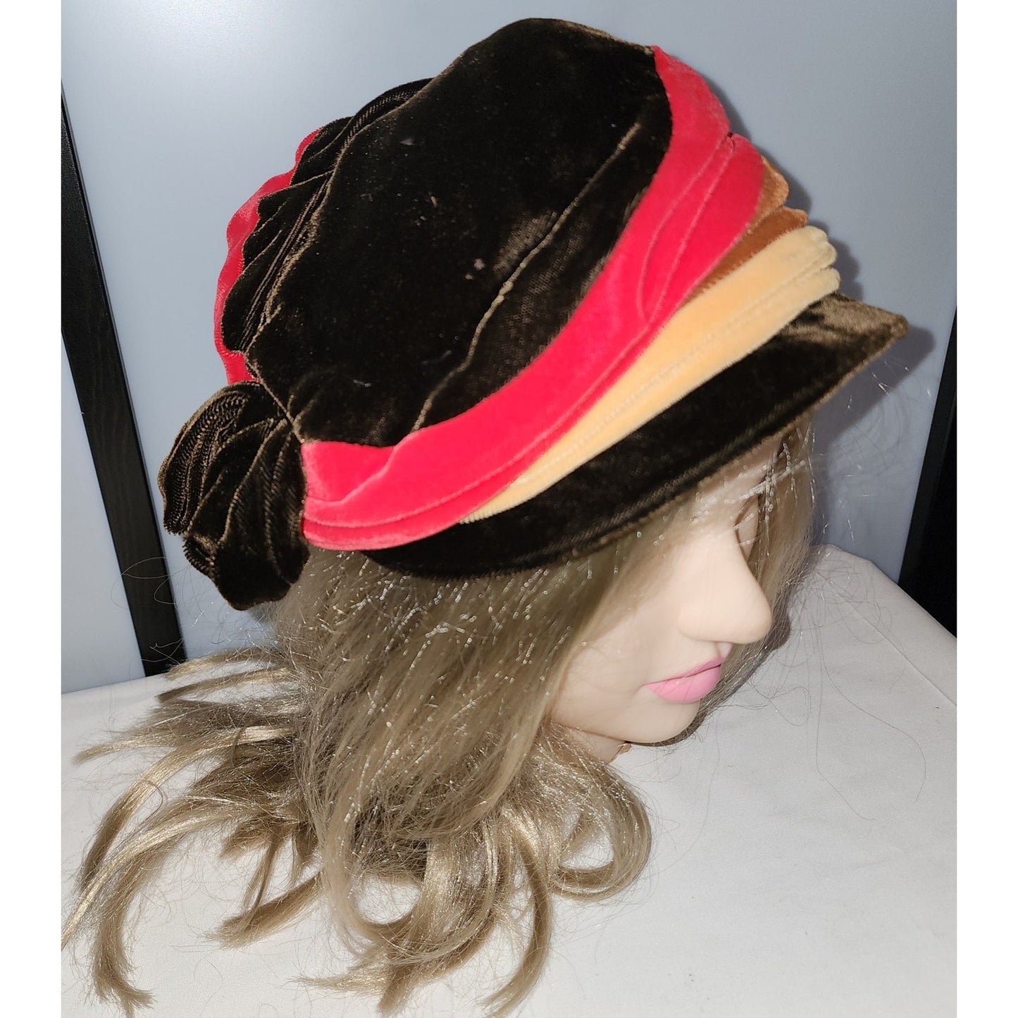 Vintage 1950s Hat Asymmetric Red Beige Brown Velvet Striped Bonnet Style Hat Large Half Hat Bow Mid Century