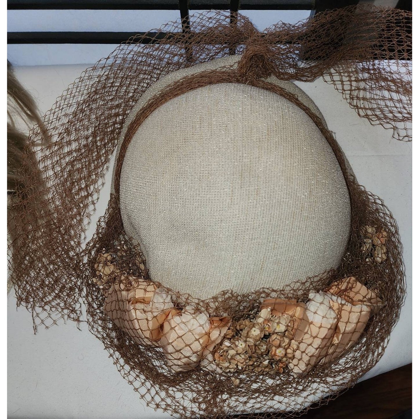 Vintage 1930s 40s Hat Round Cream Straw Hat Orange and Brown Flowers Ribbons Large Brown Veil Art Deco Country 21 in.