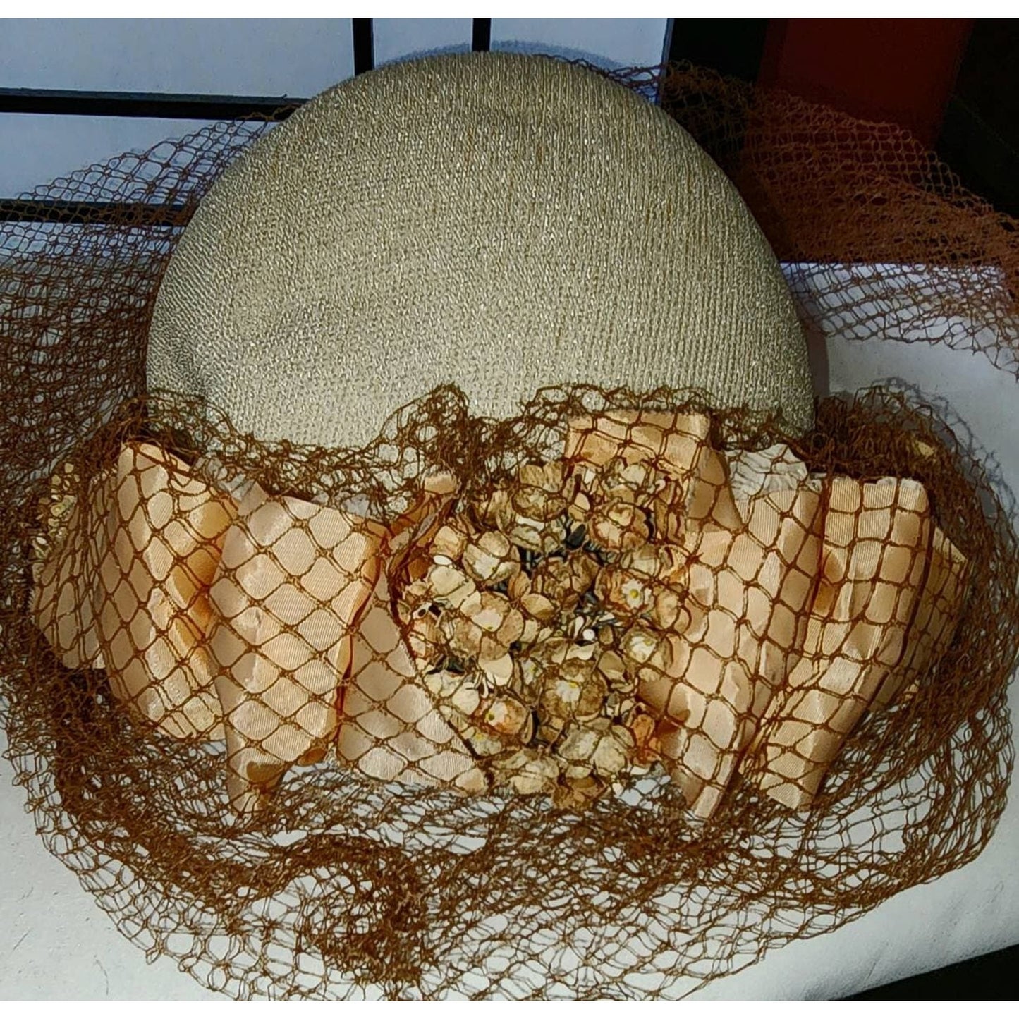 Vintage 1930s 40s Hat Round Cream Straw Hat Orange and Brown Flowers Ribbons Large Brown Veil Art Deco Country 21 in.