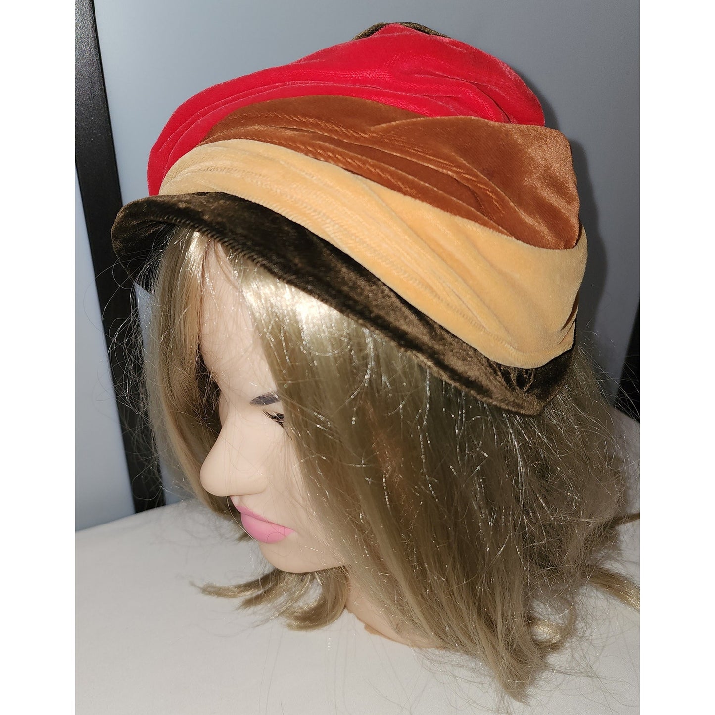 Vintage 1950s Hat Asymmetric Red Beige Brown Velvet Striped Bonnet Style Hat Large Half Hat Bow Mid Century