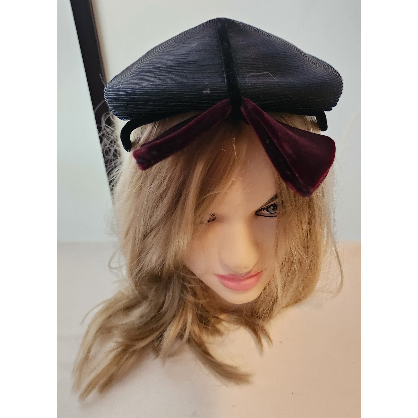 Vintage Cocktail Hat Ultra Chic 1940s Small Round Sculptural Cocktail Hat Large Purple Velvet Bow