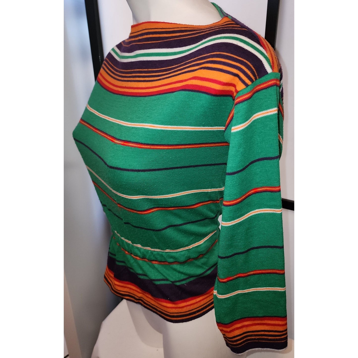 Vintage 1970s Shirt Green Orange Black Striped Boat Neck Pullover Top Boho S