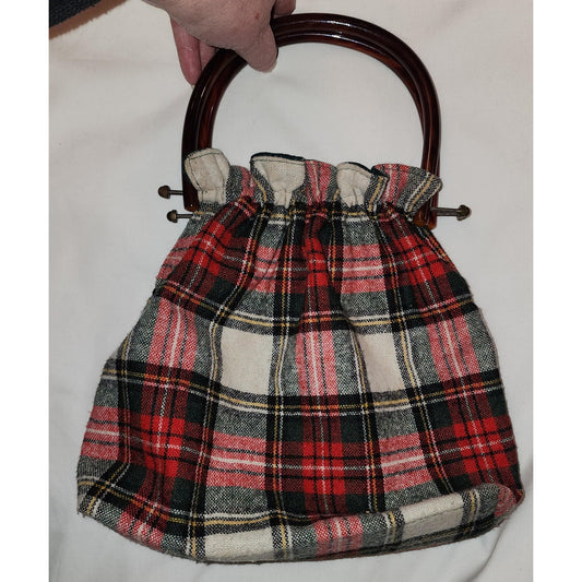 Vintage Wool Purse 1960s 70s Red White Green Wool Plaid Purse Large Plastic Handles Boho