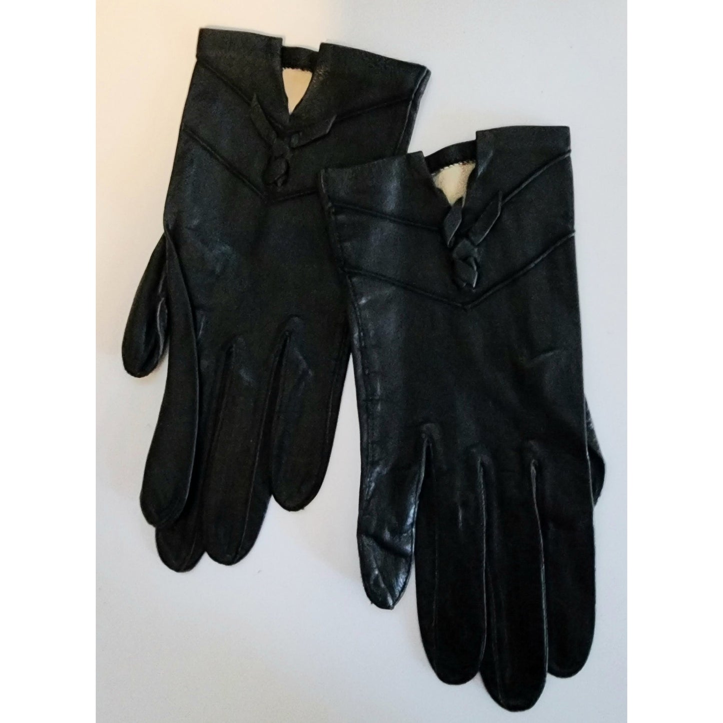 Vintage Leather Gloves 1950s Thin Black Leather Wrist Gloves Bow Detail Mid Century S