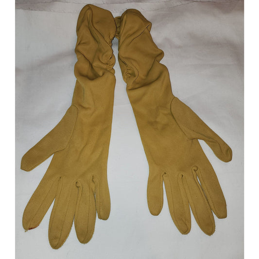 Vintage Mustard Gloves 1950s 60s Dark Gold Yellow Rusched Fabric Mid Length Gloves Mid Century Burlesque Rockabilly L 7.5