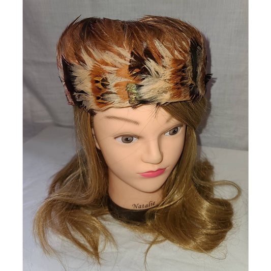 Vintage Feather Hat 1950s 60s Round Cream Rust Brown Feather Hat Boho 22 in.