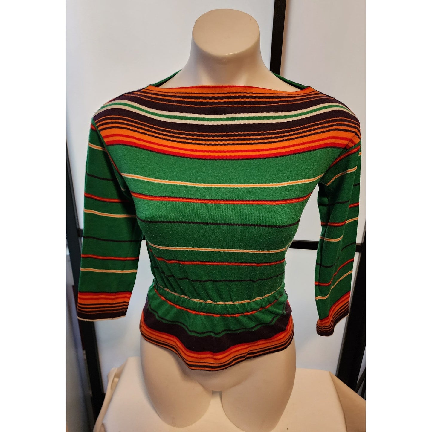 Vintage 1970s Shirt Green Orange Black Striped Boat Neck Pullover Top Boho S