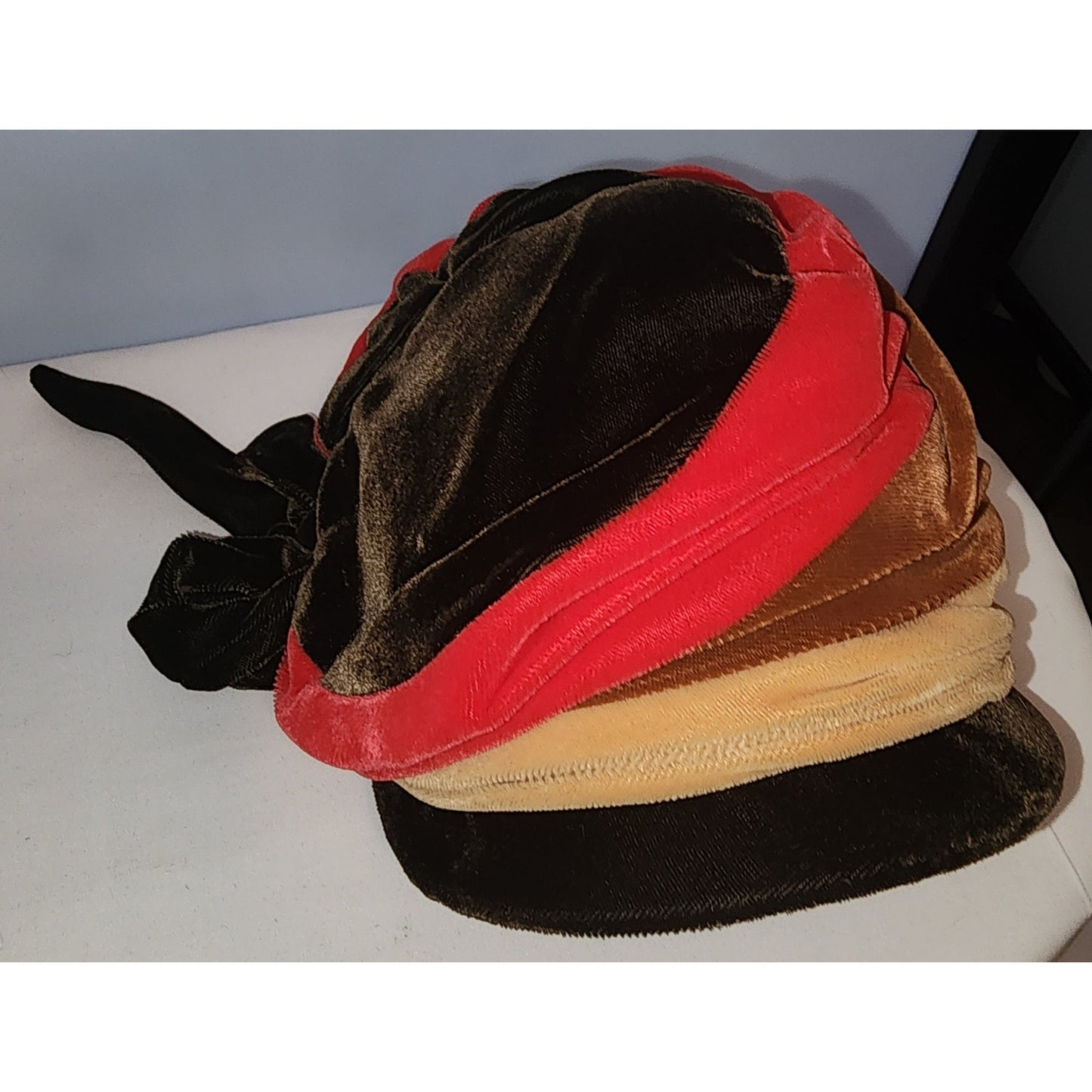 Vintage 1950s Hat Asymmetric Red Beige Brown Velvet Striped Bonnet Style Hat Large Half Hat Bow Mid Century