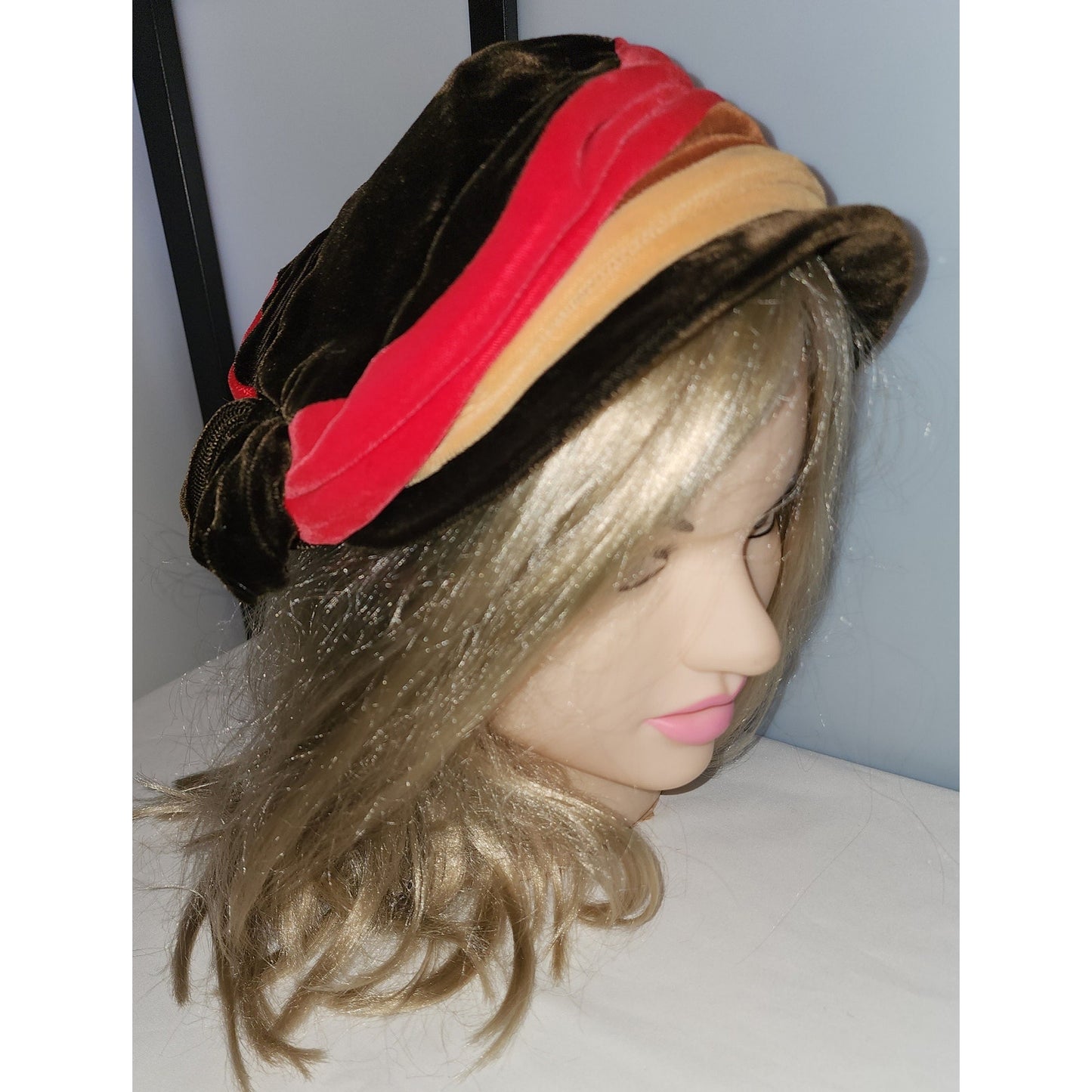 Vintage 1950s Hat Asymmetric Red Beige Brown Velvet Striped Bonnet Style Hat Large Half Hat Bow Mid Century