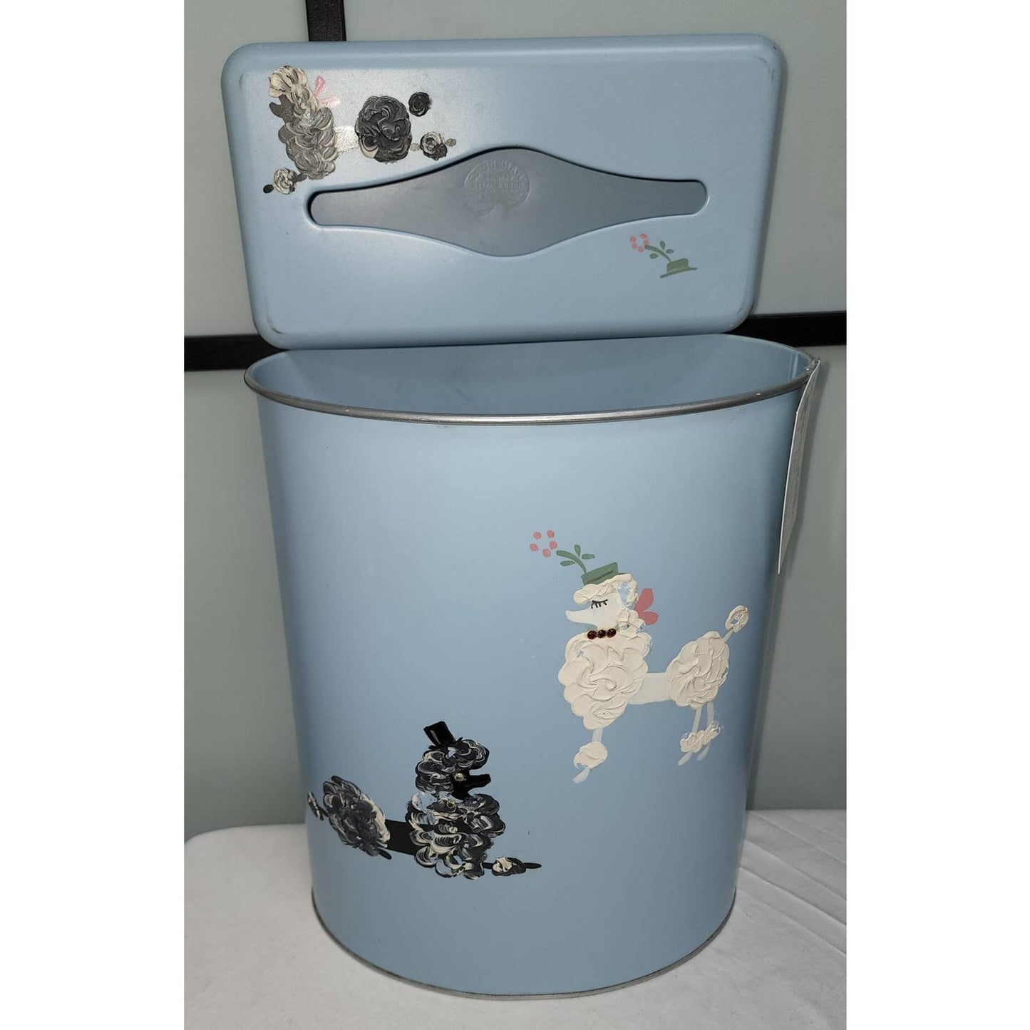 Vintage 1950s Poodle Metal Wastebasket Tissue Box Set Blue Handpainted Poodles Rhinestones Trash Can Tissue Holder Mid Century Rockabilly