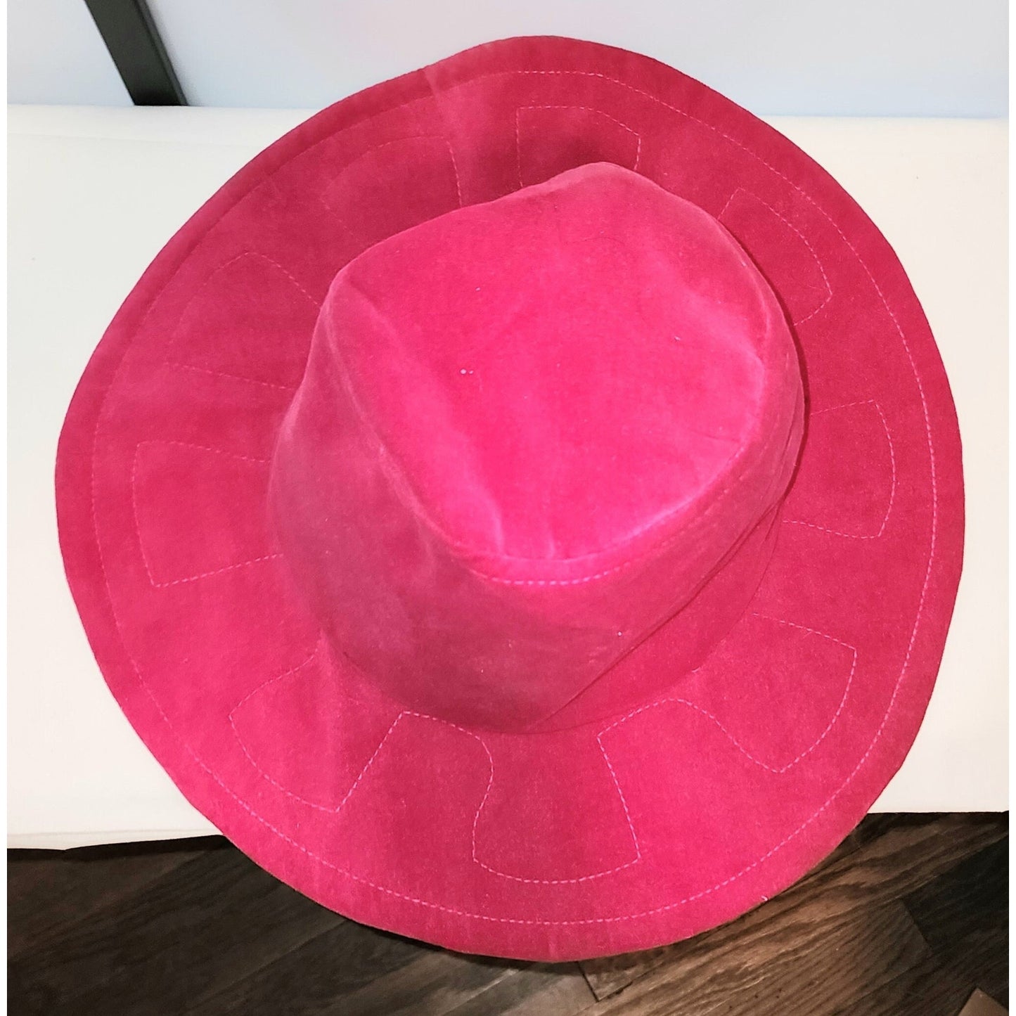 Vintage floppy hat 1960s large bright pink velvet floppy hat embroidered design hippie boho glam 22 in.