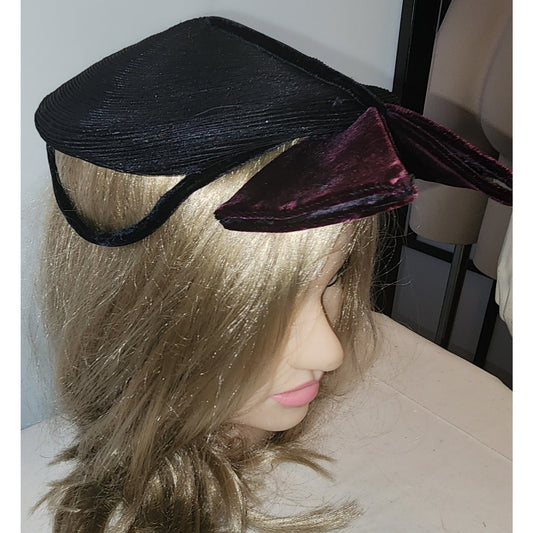 Vintage Cocktail Hat Ultra Chic 1940s Small Round Sculptural Cocktail Hat Large Purple Velvet Bow