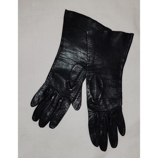 Vintage Leather Gloves 1950s 60s Thin Black Kid Leather Gloves Long Wrist Midlength Gloves Mid Century Fetish 6.5 or so