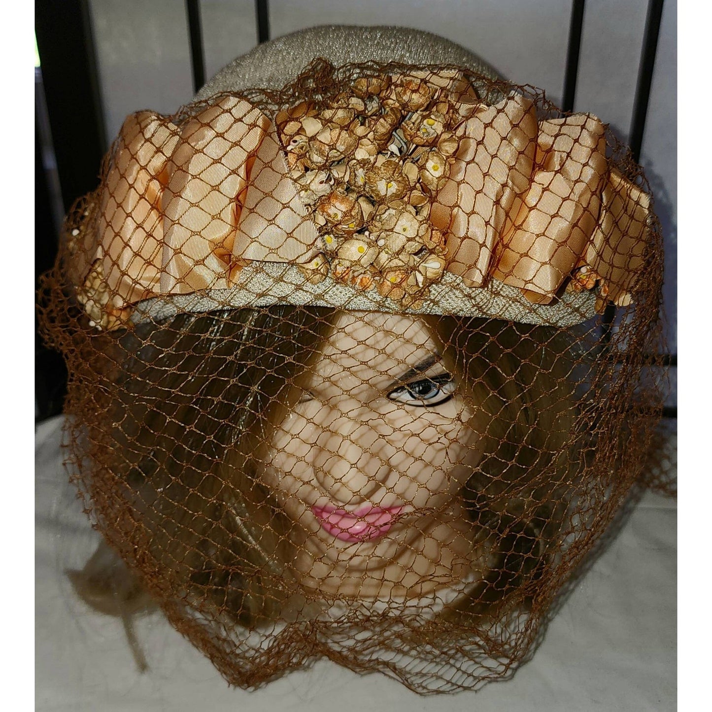 Vintage 1930s 40s Hat Round Cream Straw Hat Orange and Brown Flowers Ribbons Large Brown Veil Art Deco Country 21 in.