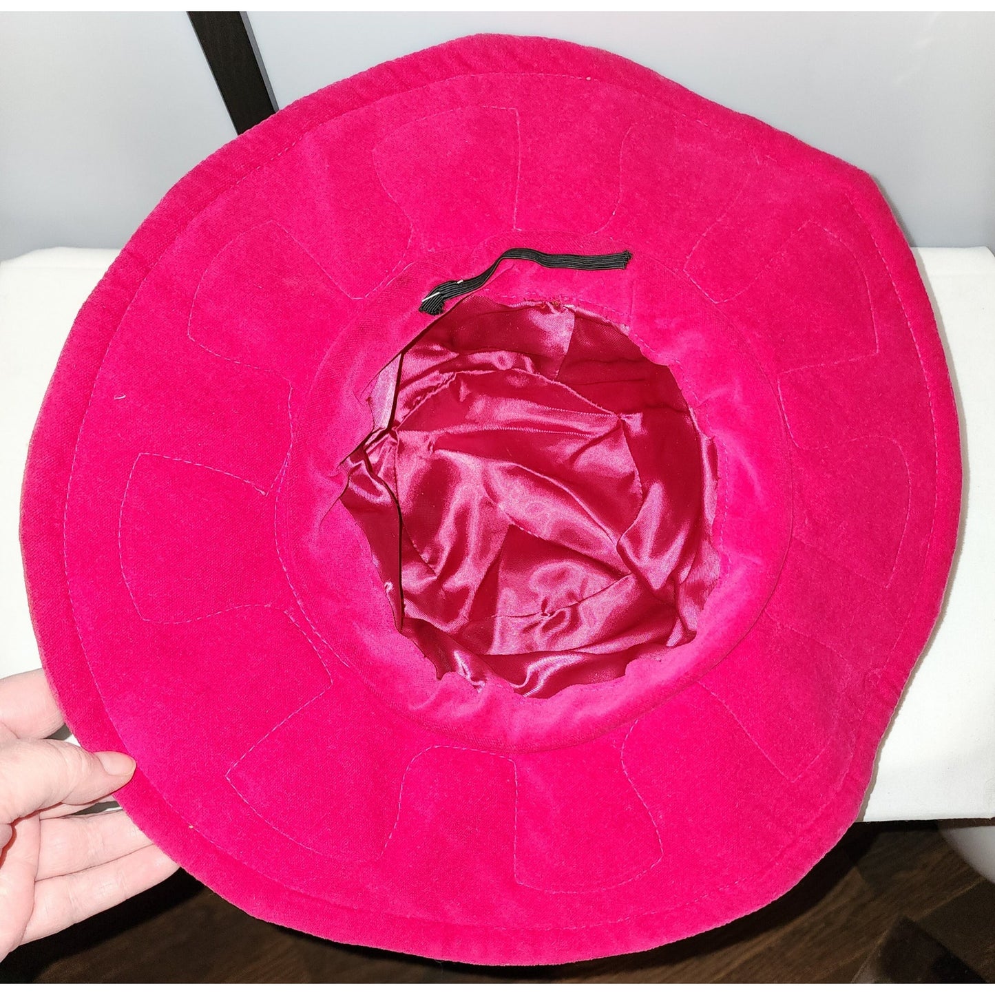 Vintage floppy hat 1960s large bright pink velvet floppy hat embroidered design hippie boho glam 22 in.