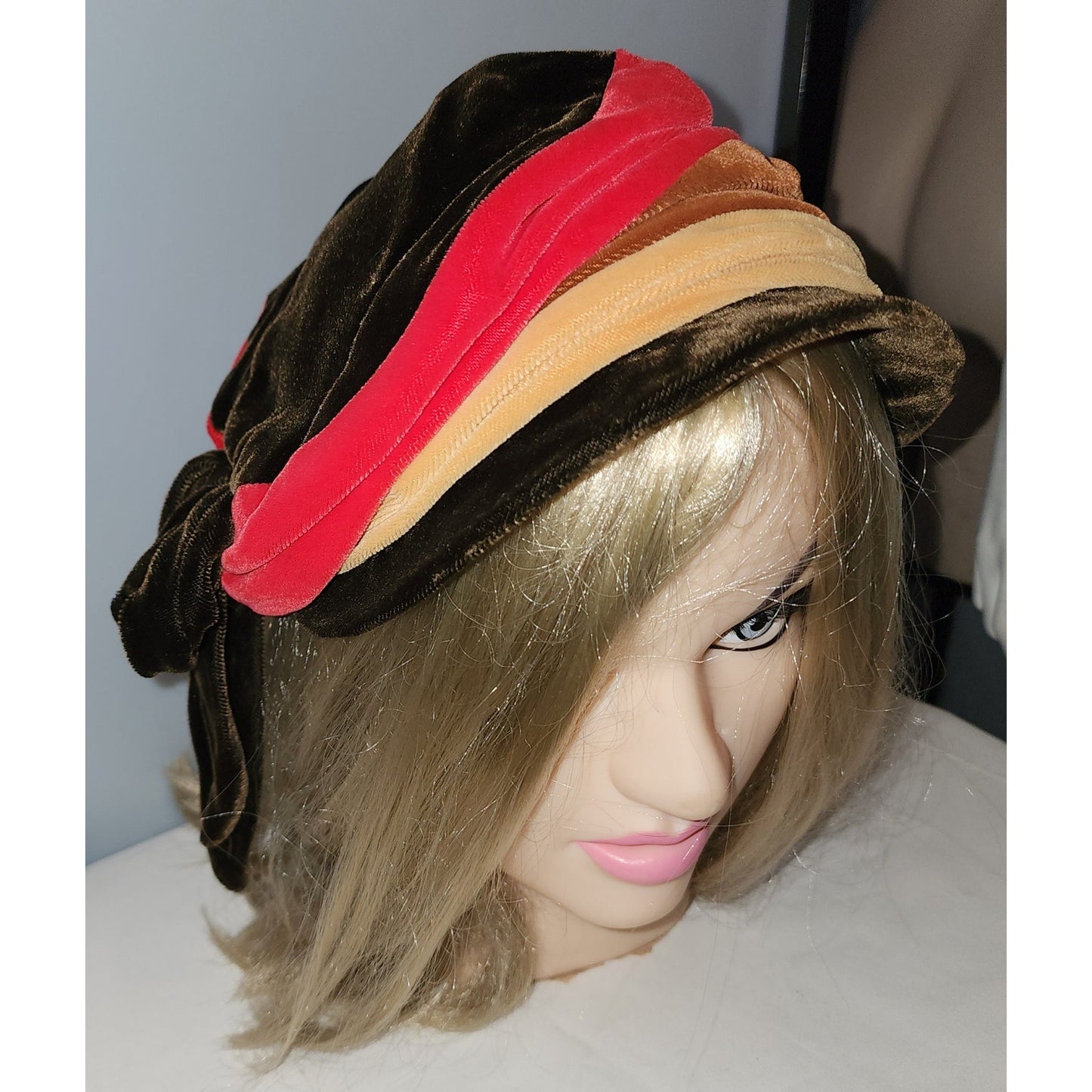 Vintage 1950s Hat Asymmetric Red Beige Brown Velvet Striped Bonnet Style Hat Large Half Hat Bow Mid Century