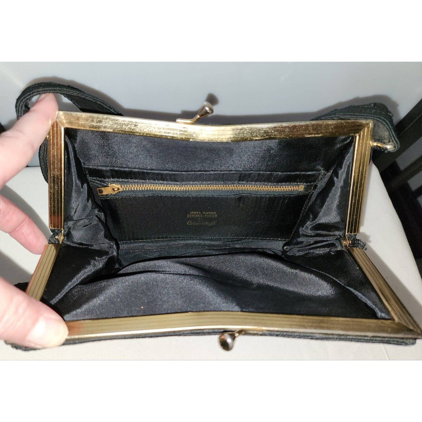 Vintage 30s 40s Black Corde Purse Handbag Intricate Designs Art Deco Film Noir