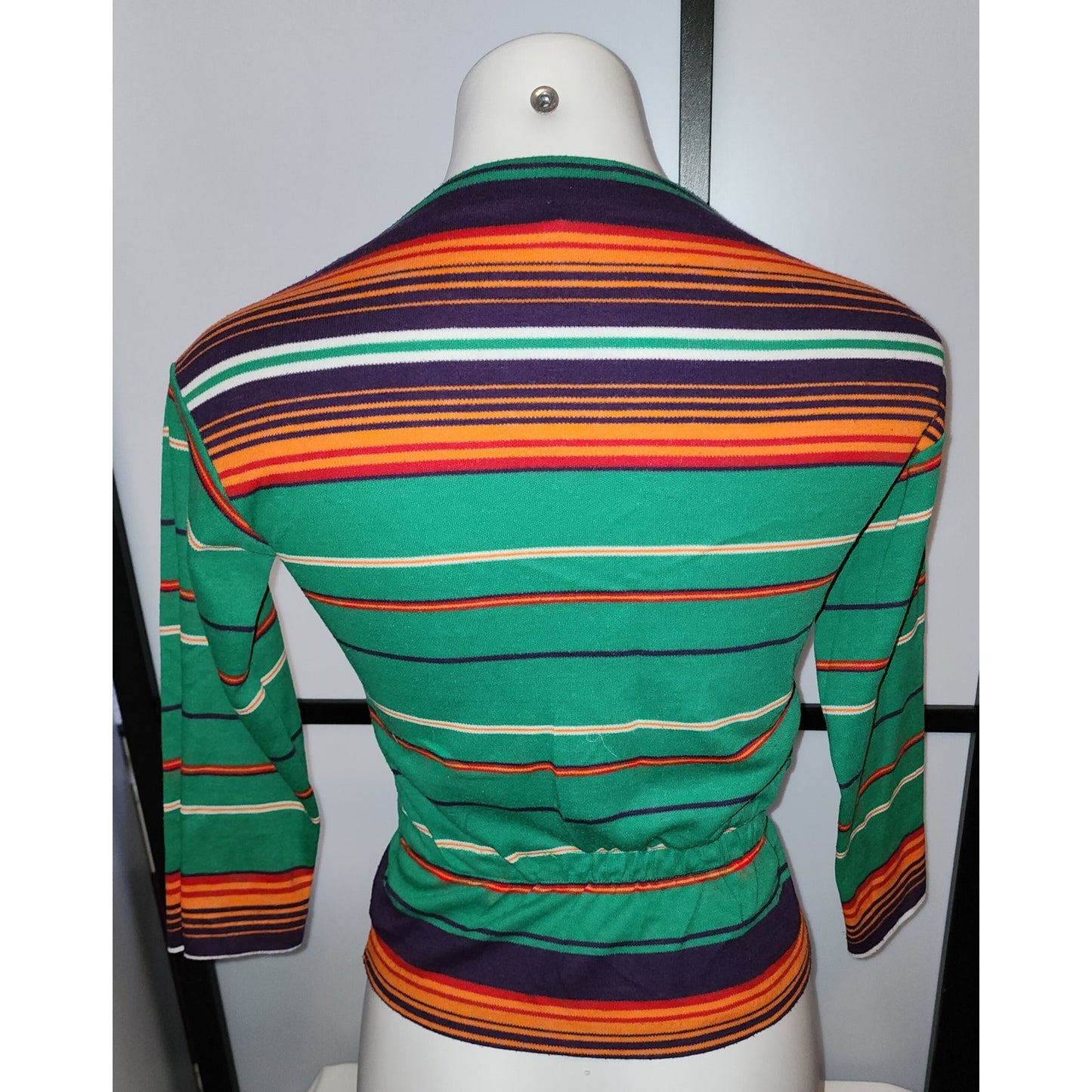 Vintage 1970s Shirt Green Orange Black Striped Boat Neck Pullover Top Boho S